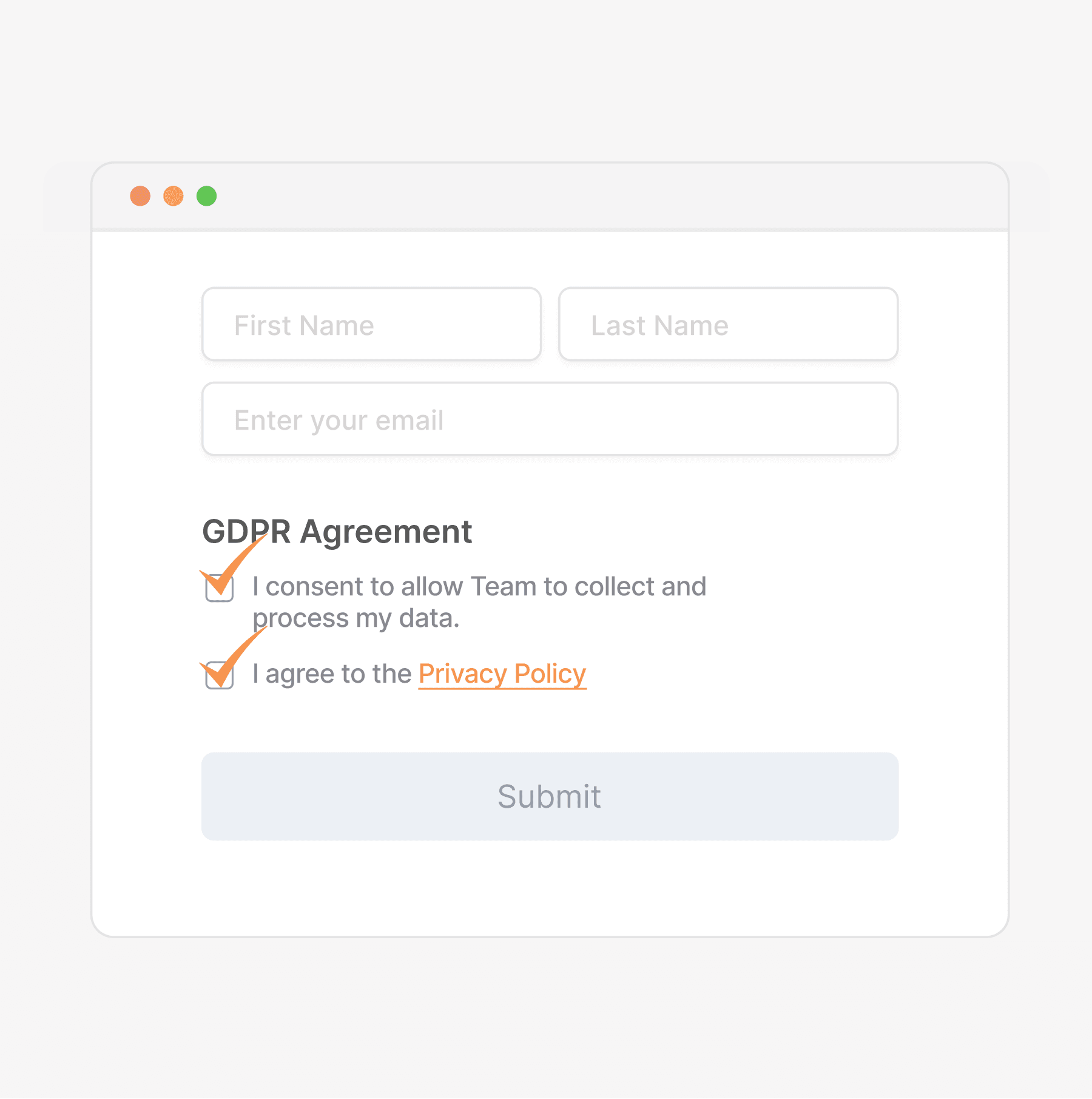 GDPR compliance image, checkboxes and consent fields