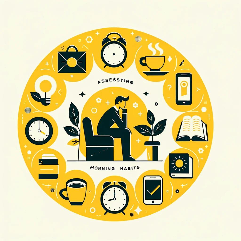 Assess Your Current Morning Habits: A reflective image featuring a person surrounded by morning activity icons​​.