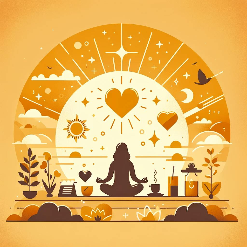 Reflect and Be Grateful: A serene morning scene with a person in contemplation, surrounded by symbols of gratitude​​.