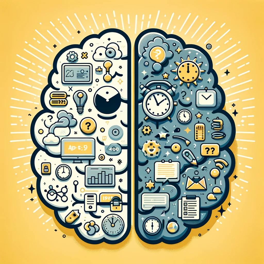 Illustration of a brain divided between cluttered distractions and a focused mindset for understanding distraction impact.