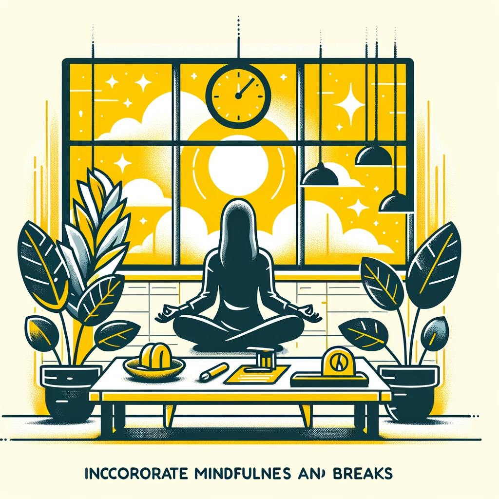 Serene meditation scene with a Pomodoro timer emphasizing mindfulness and scheduled breaks for productivity.