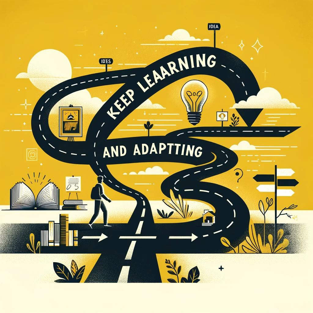 A figure on a path with books and arrows, indicating continuous learning and adaptability.