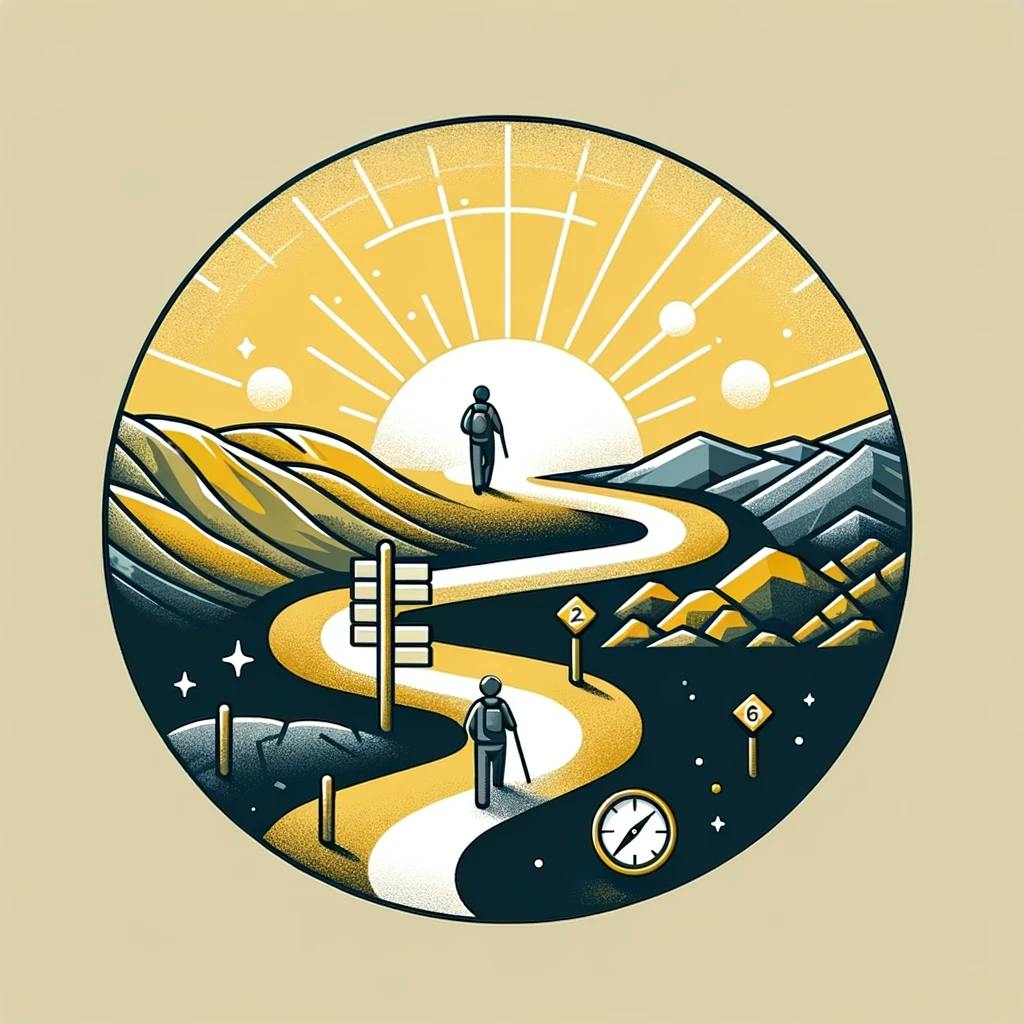 A figure on a path through various terrains with milestones, symbolizing the journey of personal growth and persistence.