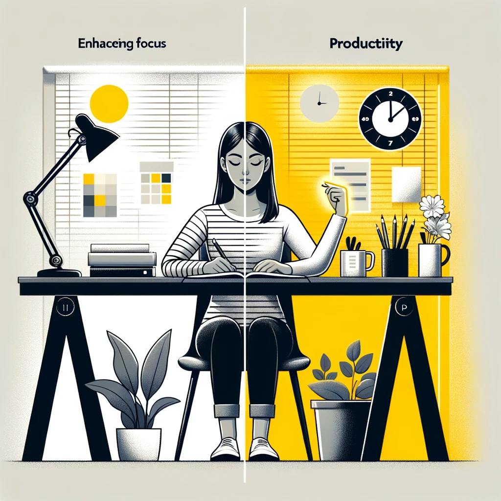This image depicts a young woman in a calm, organized workspace, focusing intently on her tasks, surrounded by time management tools like a clock and planner, embodying the structured daily routine.