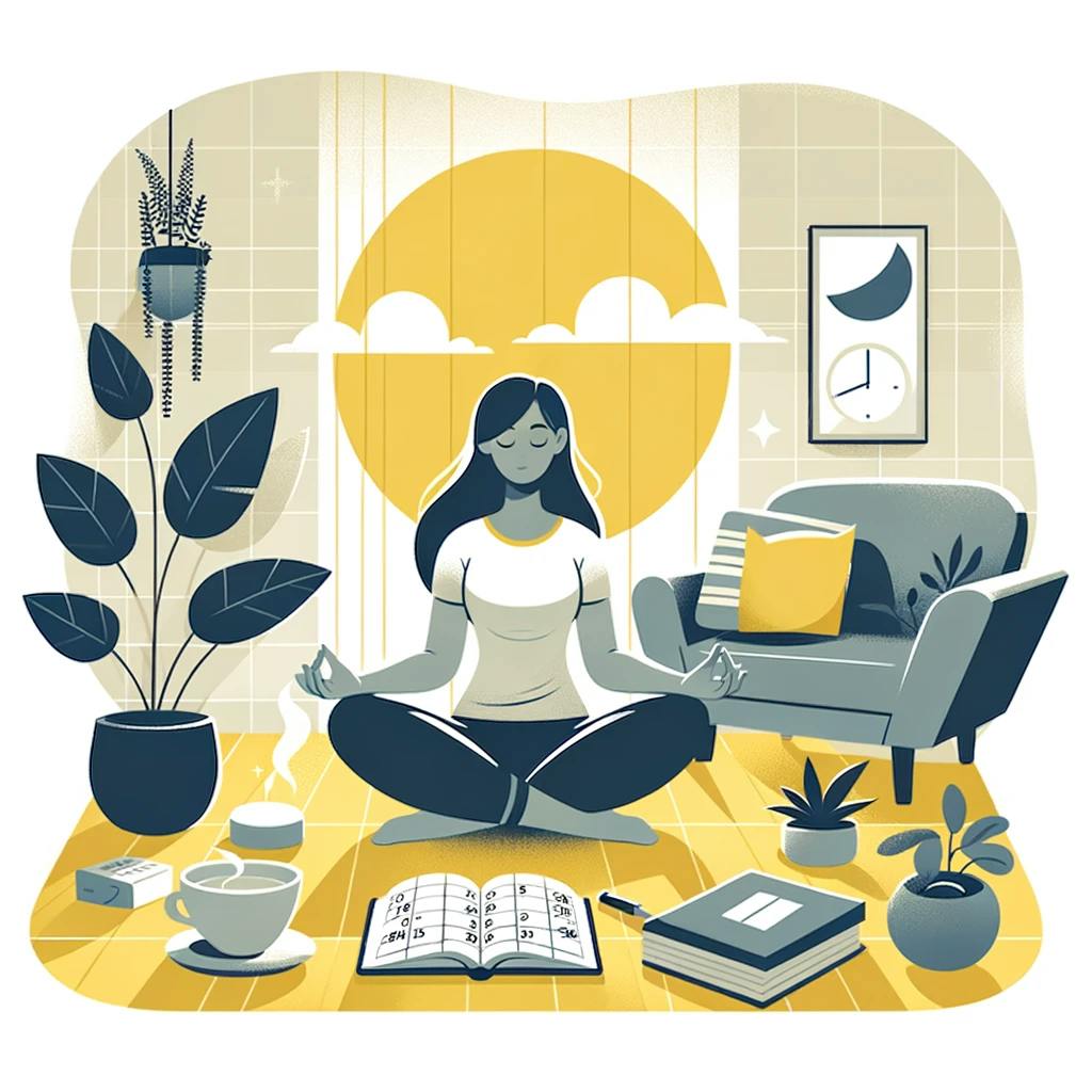 The image illustrates a young woman practicing a relaxation activity, such as meditation, in a serene setting. A daily planner or calendar is subtly included, highlighting the role of routine in achieving tranquility.