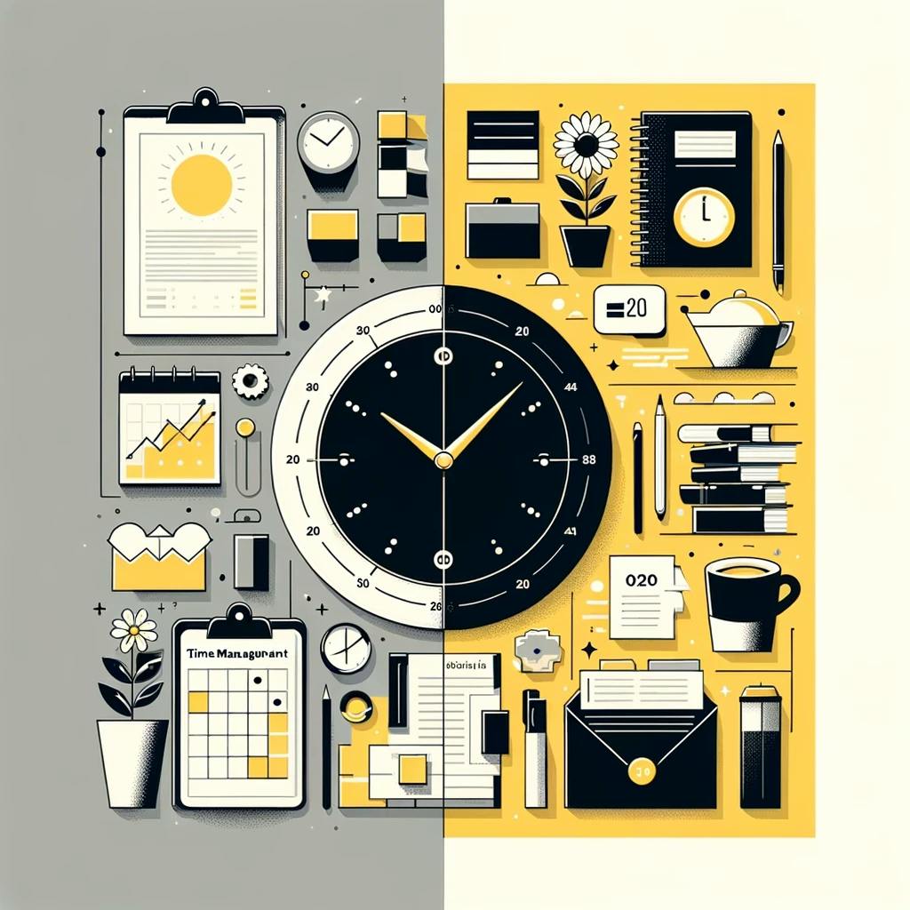 The image conceptualizes time management and organization in a minimalistic style, using visual metaphors to symbolize order and efficiency.
