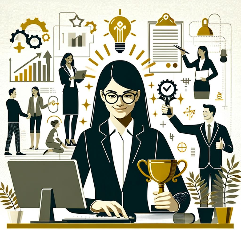  This image portrays a young professional woman's career success and growth in an organized work environment, using symbols of achievement and structured workspaces.
