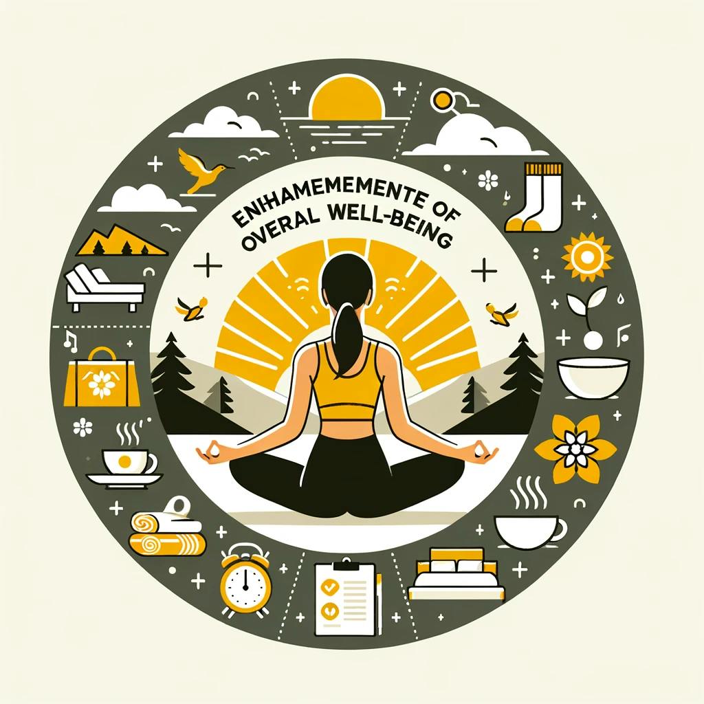 The final image illustrates a balanced lifestyle with activities contributing to well-being, such as yoga and relaxation, emphasizing the holistic benefits of a structured routine.