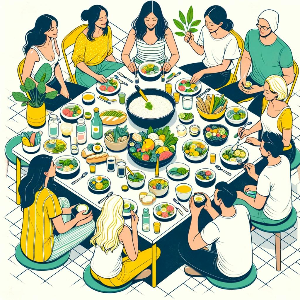 A group of friends or a family enjoying a meal together, emphasizing the communal aspect of mindful eating in a joyful, attentive manner.