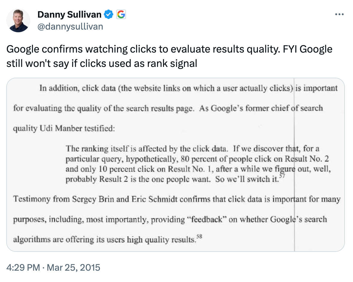 Google confirms watching clicks to evaluate results quality by Danny Sullivan in Twitter