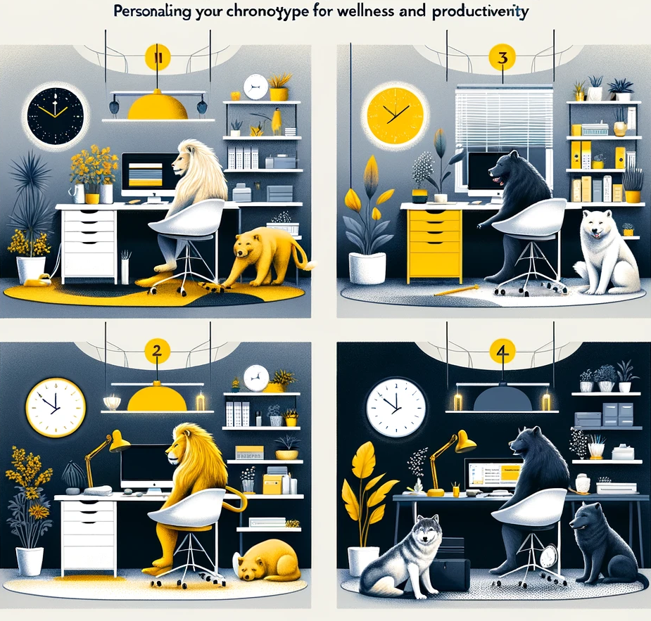Visual tips illustrating personalized workspace setups for each chronotype, suggesting optimal environments for enhancing productivity and well-being.