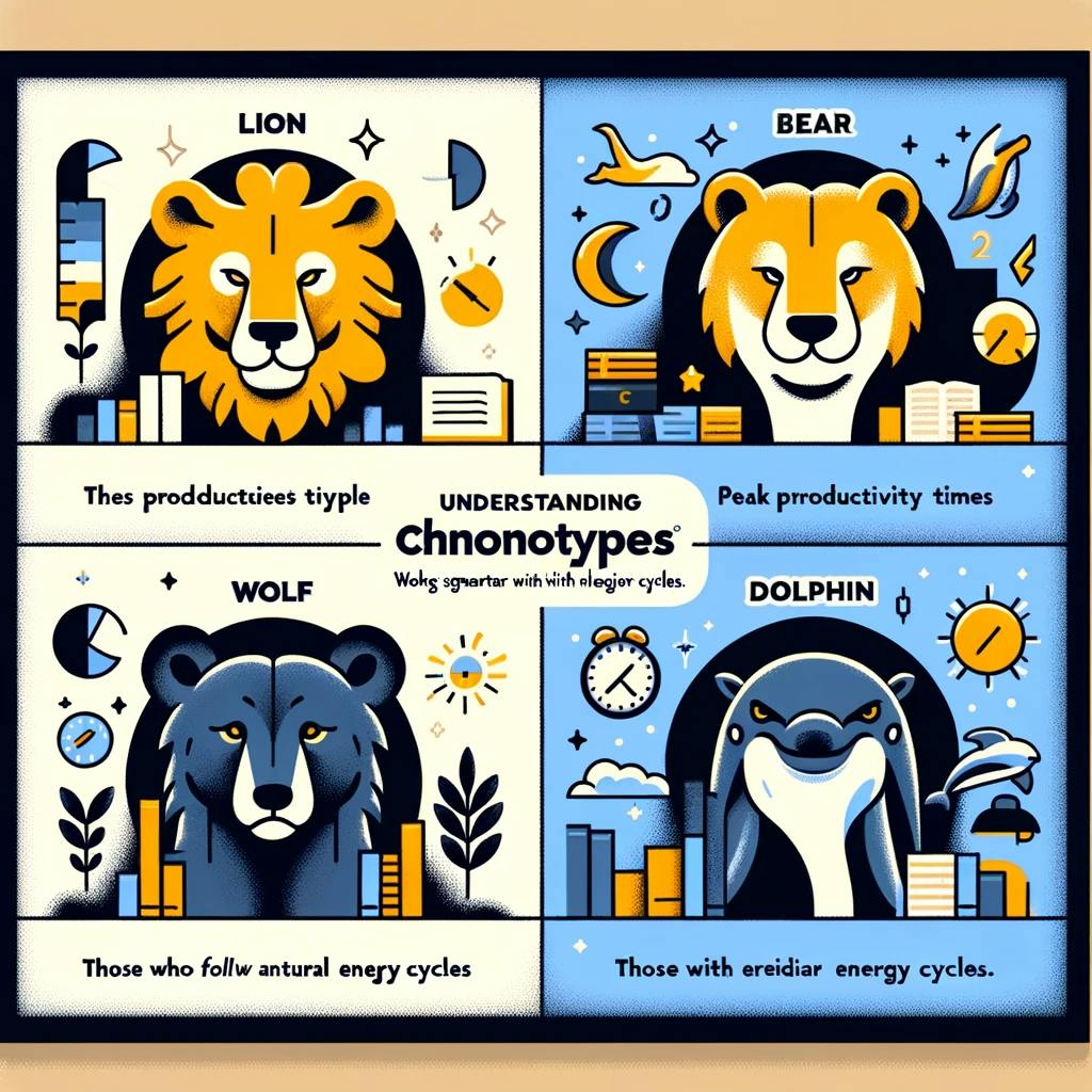 An infographic summarizing the four main chronotypes and their characteristics, designed to introduce readers to the concept of chronotypes and their impact on productivity.