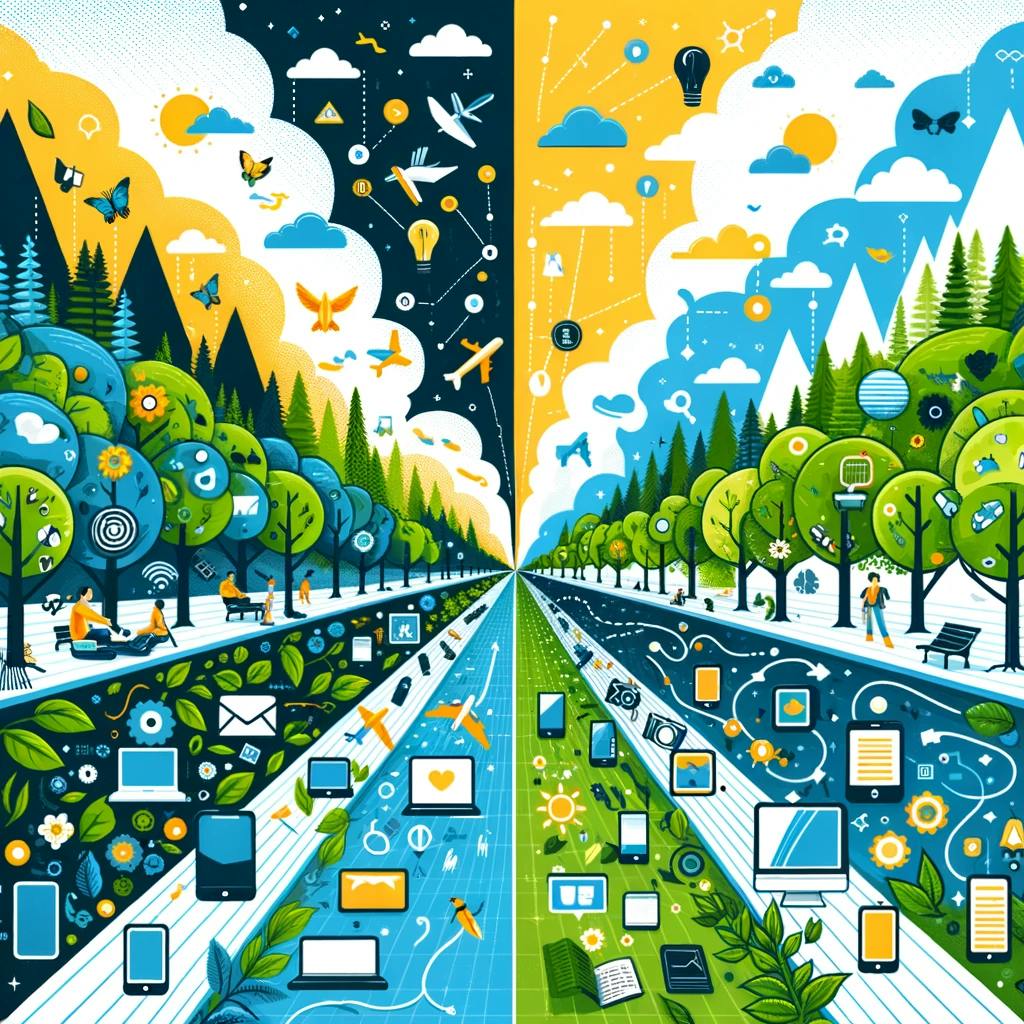 an image that depicts the contrast between technology use and nature, highlighting the balance we aim to achieve.