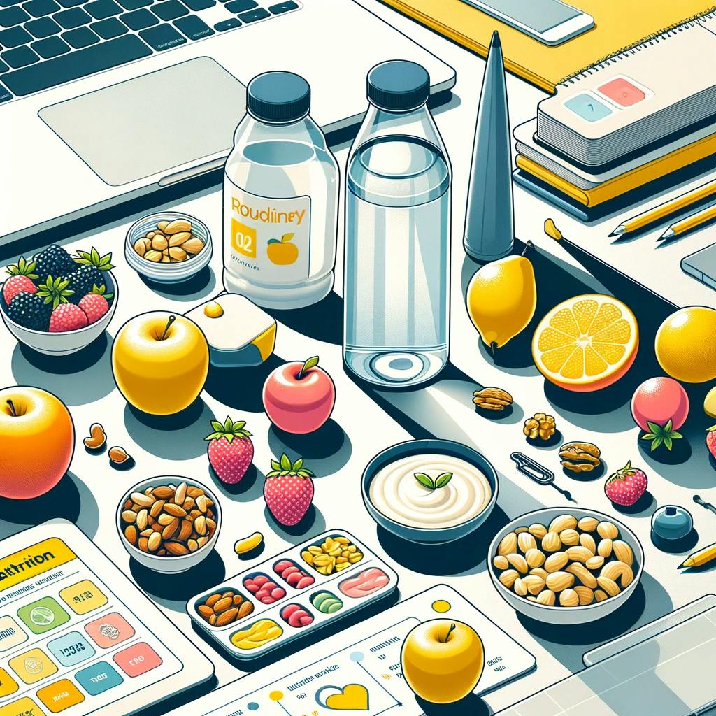 Healthy Snacks on a Desk: Emphasizing smart nutrition choices with a visual of healthy snacks arranged neatly on a work desk.