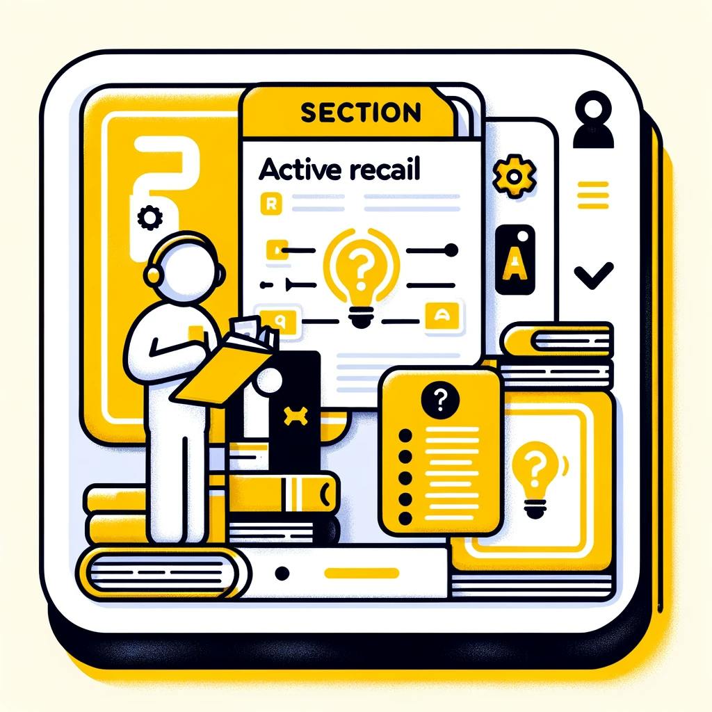 a minimalistic section image for your blog post, showcasing a character using flashcards for active recall. This design emphasizes the learning strategy with a clear depiction of flashcards, aligning with Routinery's brand identity and color scheme.