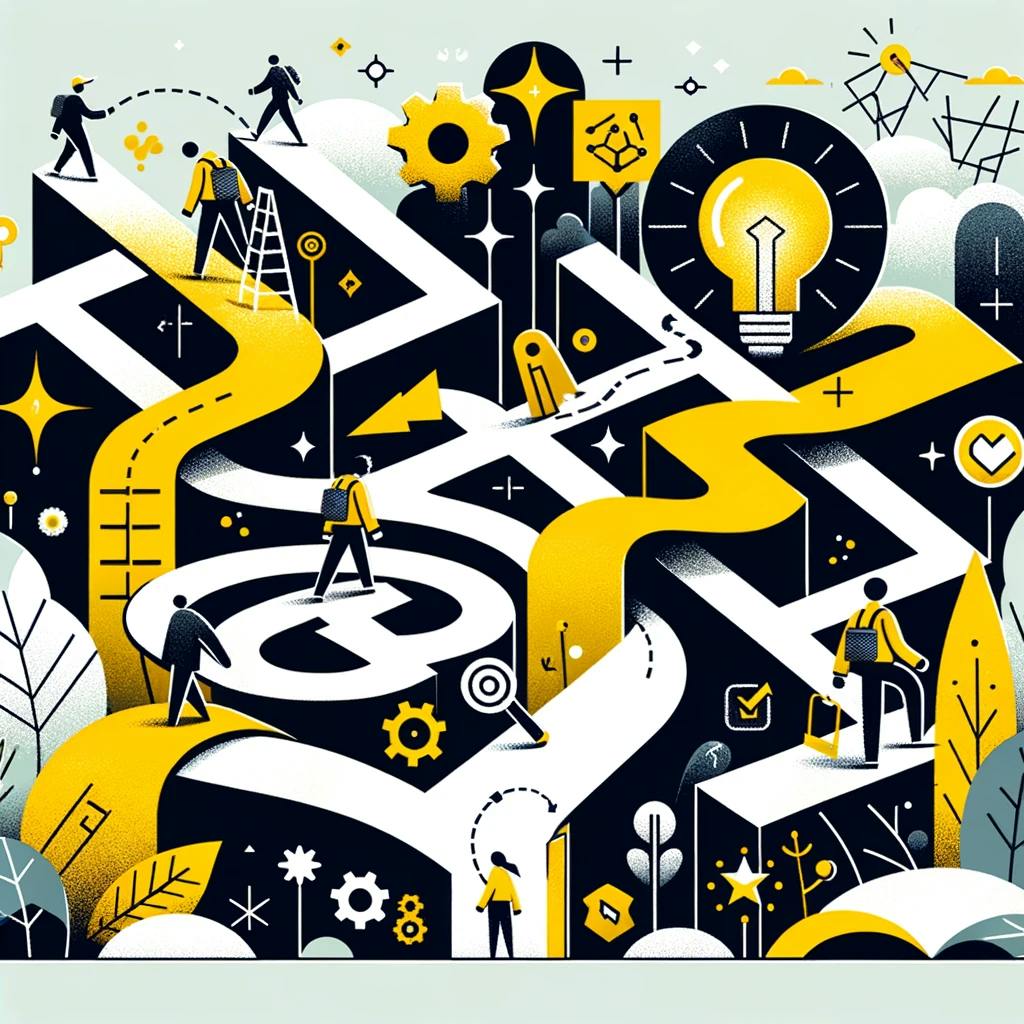 image focusing more on exploration and discovery, with abstract characters embarking on an adventure, has been created. It symbolizes the journey of non-linear thinking, surrounded by symbols of innovation and creativity, designed with Routinery's brand colors for a visually compelling representation.