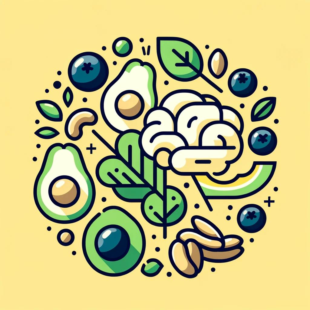 image for the brain-boosting foods section, focusing on a simplified, flat-design approach. This image adopts a minimalistic style, aligning with your request for a less realistic depiction and more abstract forms to represent the foods.