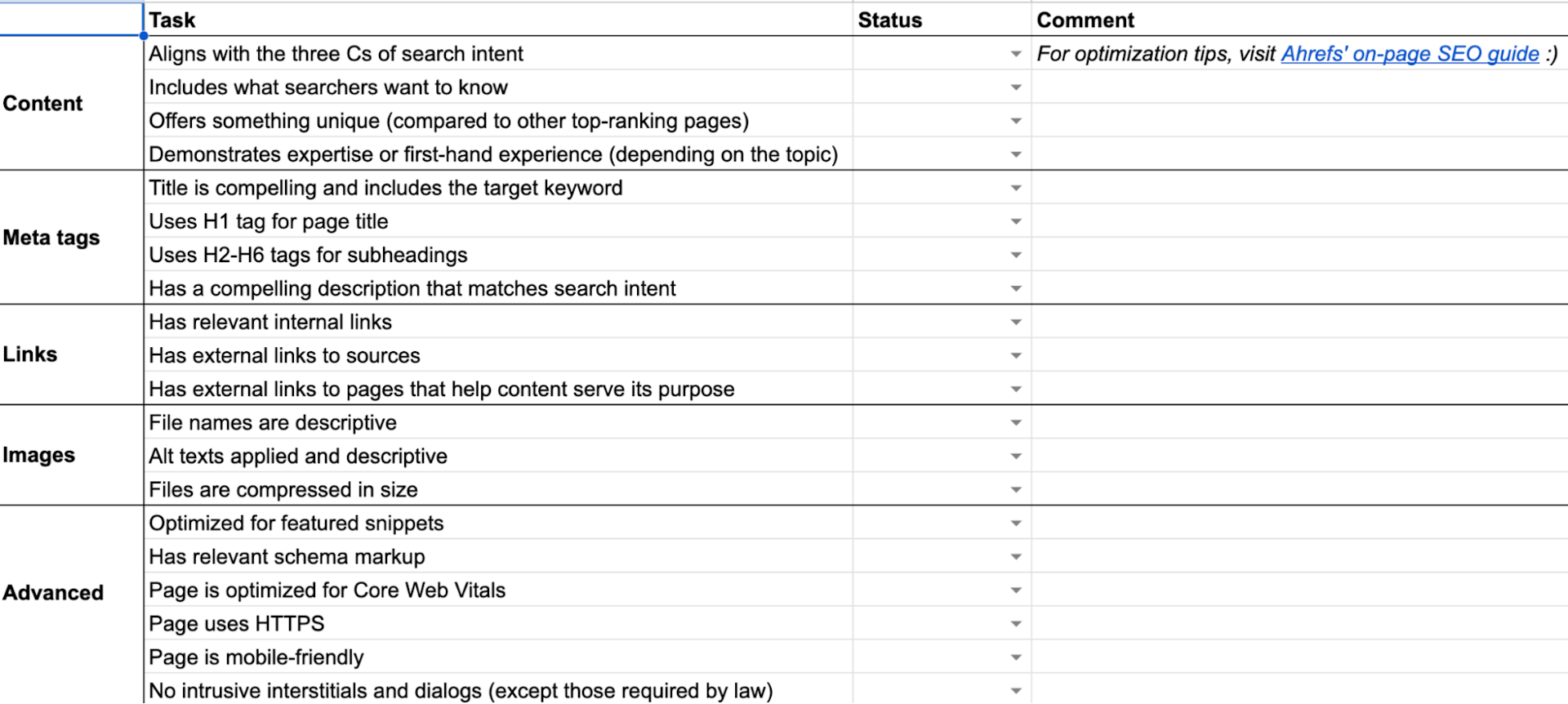 A preview of the on-page SEO checklist.