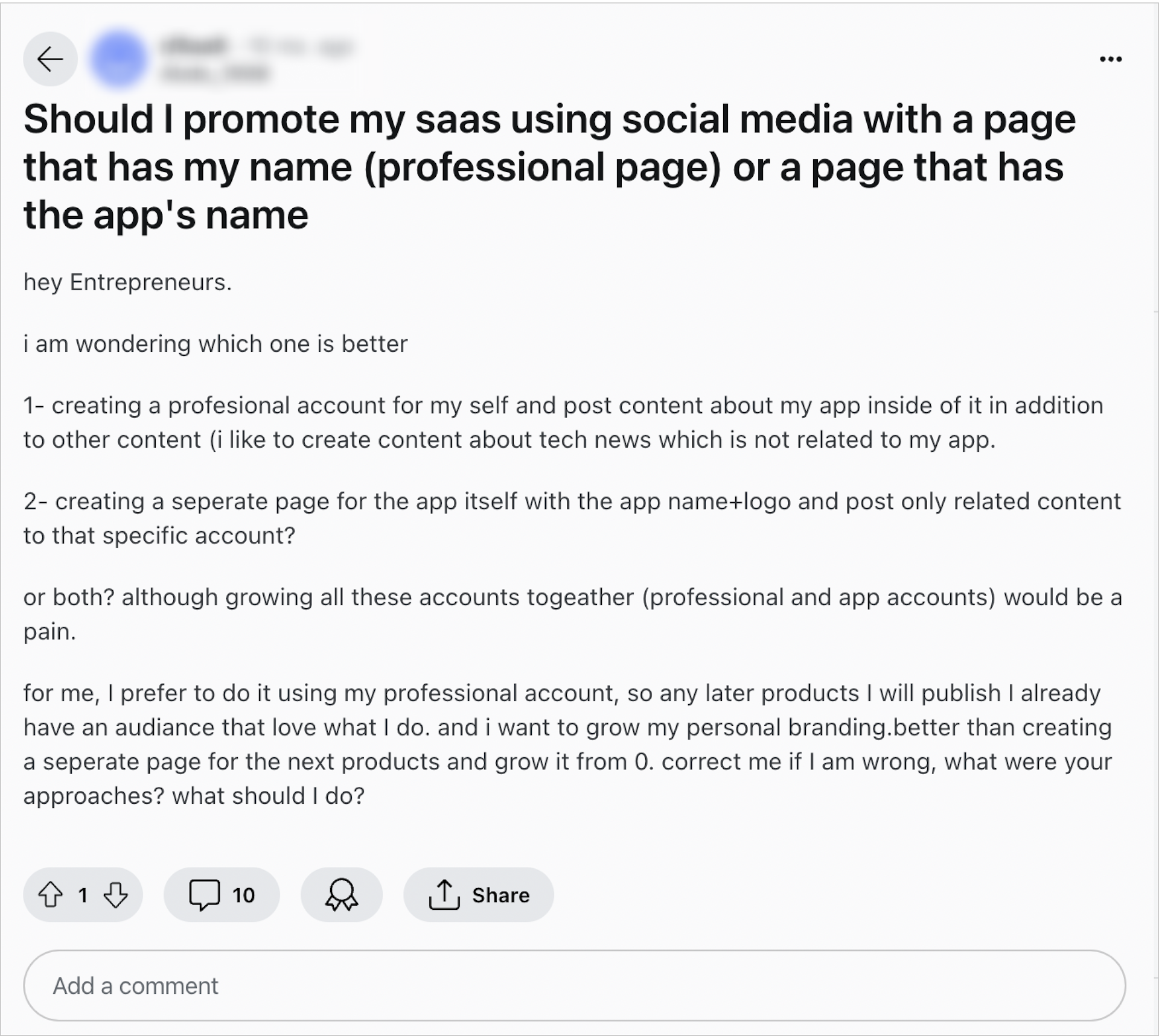 Should I promote my saas using social media with a page that has my name (professional page) or a page that has the app's name