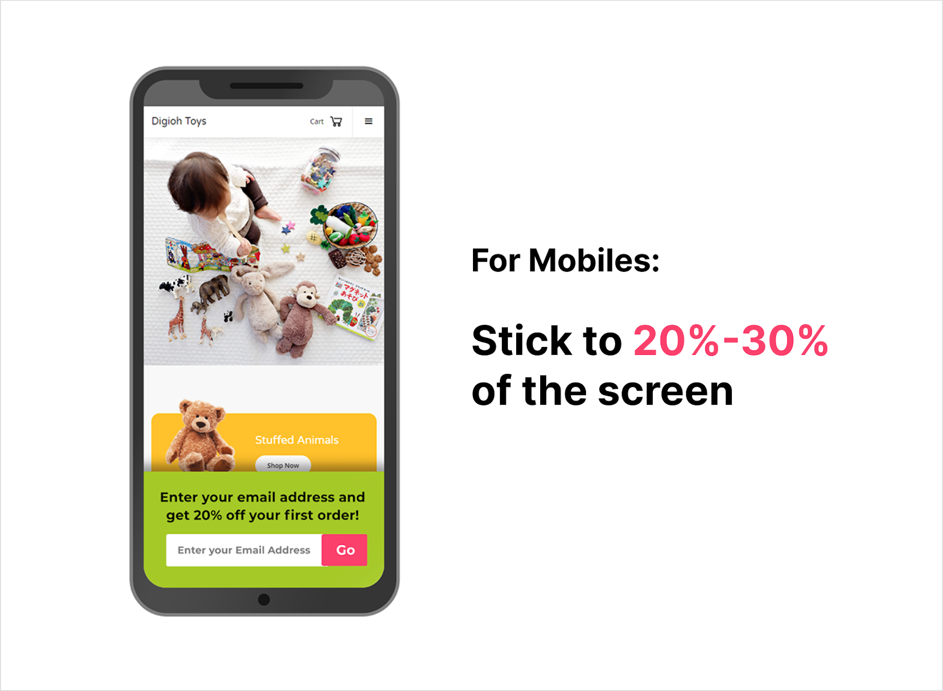 For mobiles: stick to 20%-30% of the screen