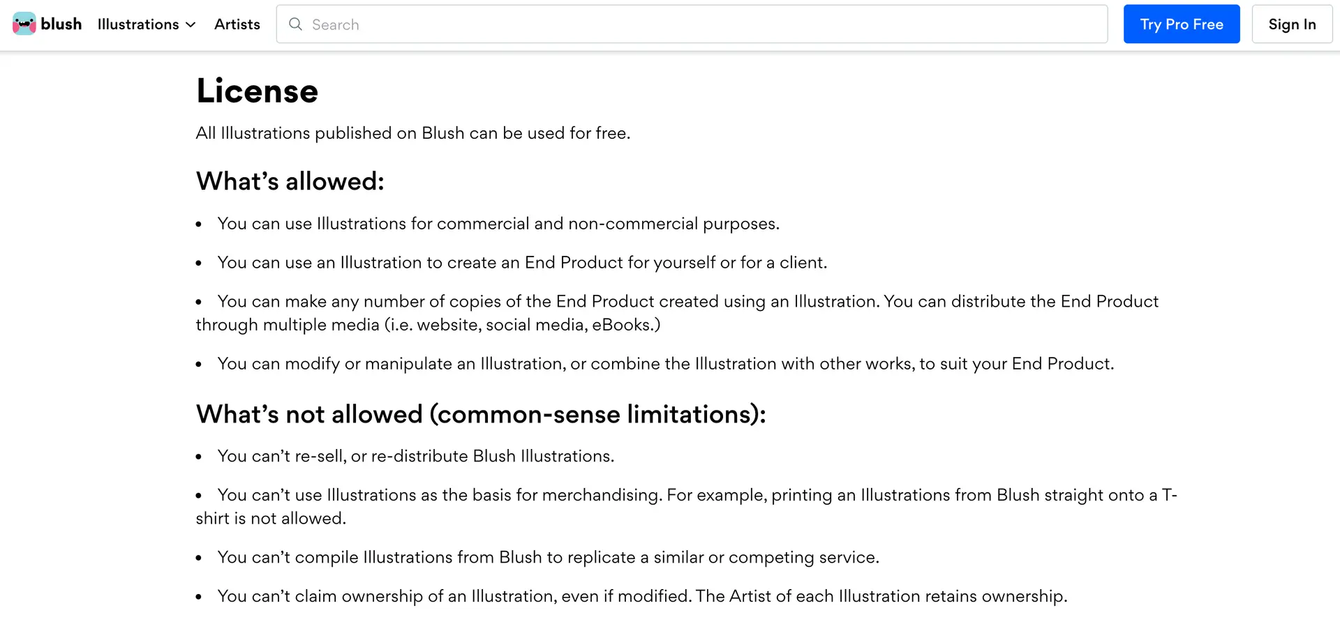 License information of Blush