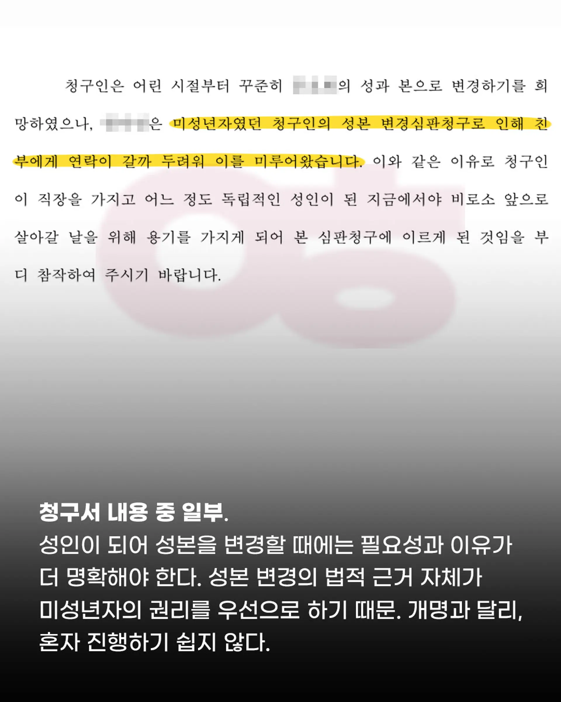 성인 성본변경 허가심판 청구서 일부