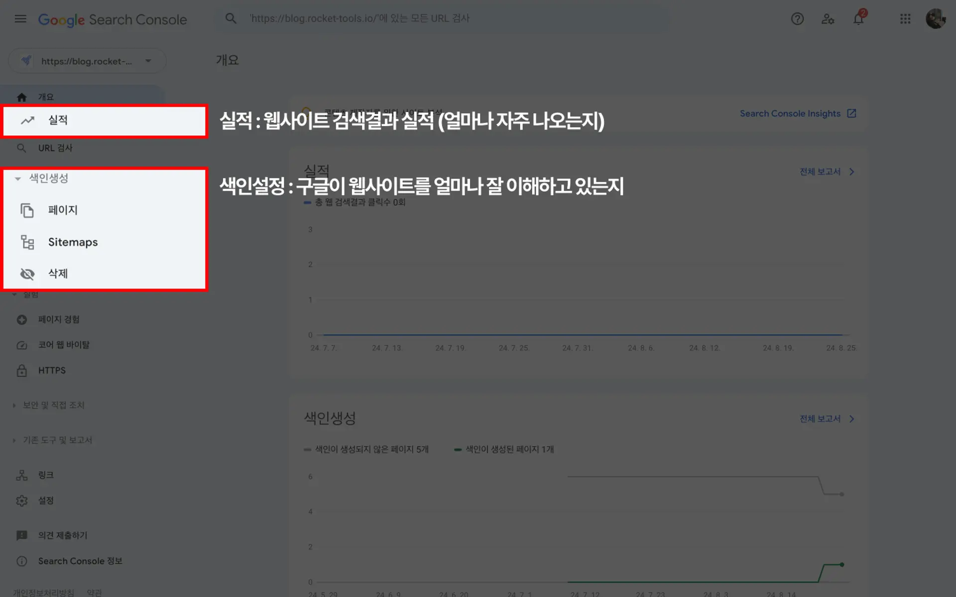 240828_카페24 구글 서치콘솔 사용법 및 설치 - 2.2.1 구글 서치콘솔 주요기능
