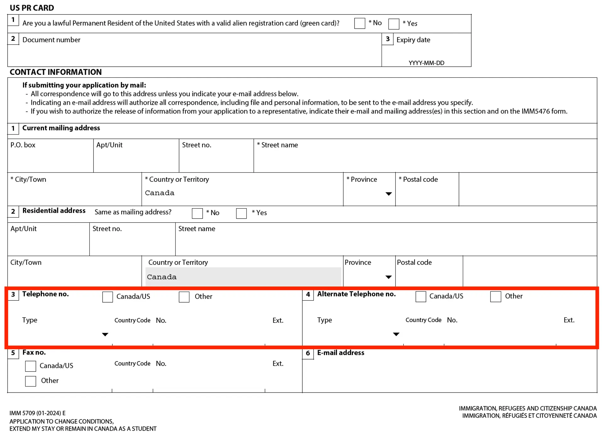 IMM form Contact Section