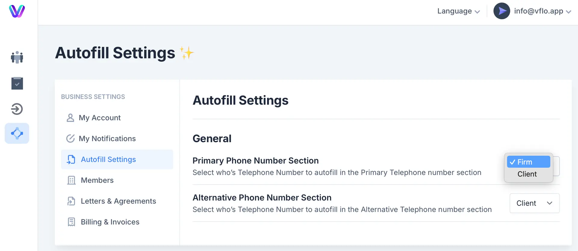 Visaflo Autofill Settings for Contact