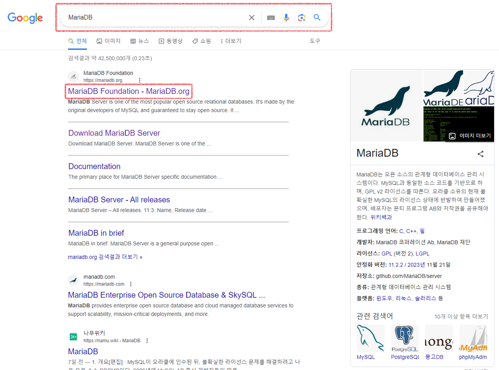 1 - 1. Google에 MariaDB를 검색하여 MariaDB Foundation - MariaDB.org로 접속