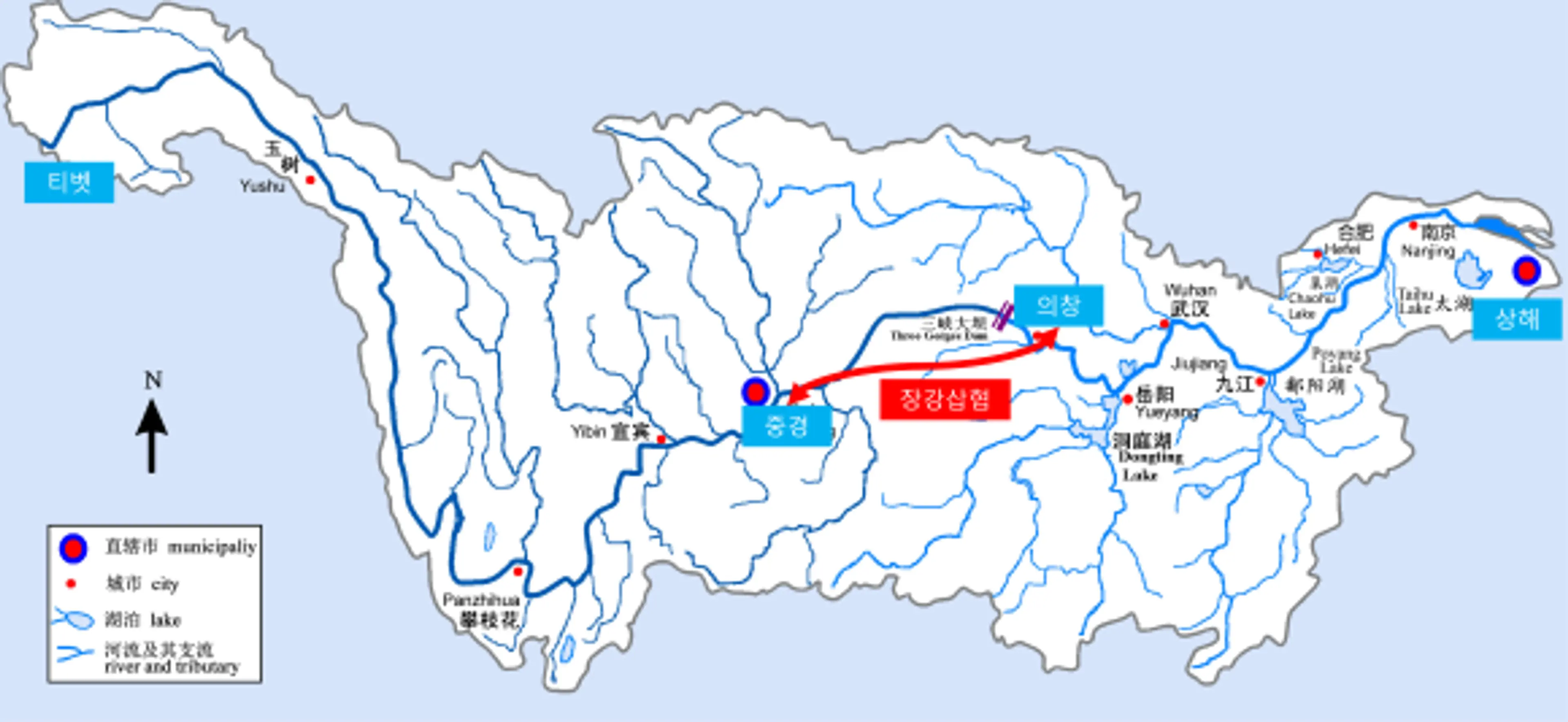장강은 티벳에서 시작해서 상해까지 흘러갑니다.
