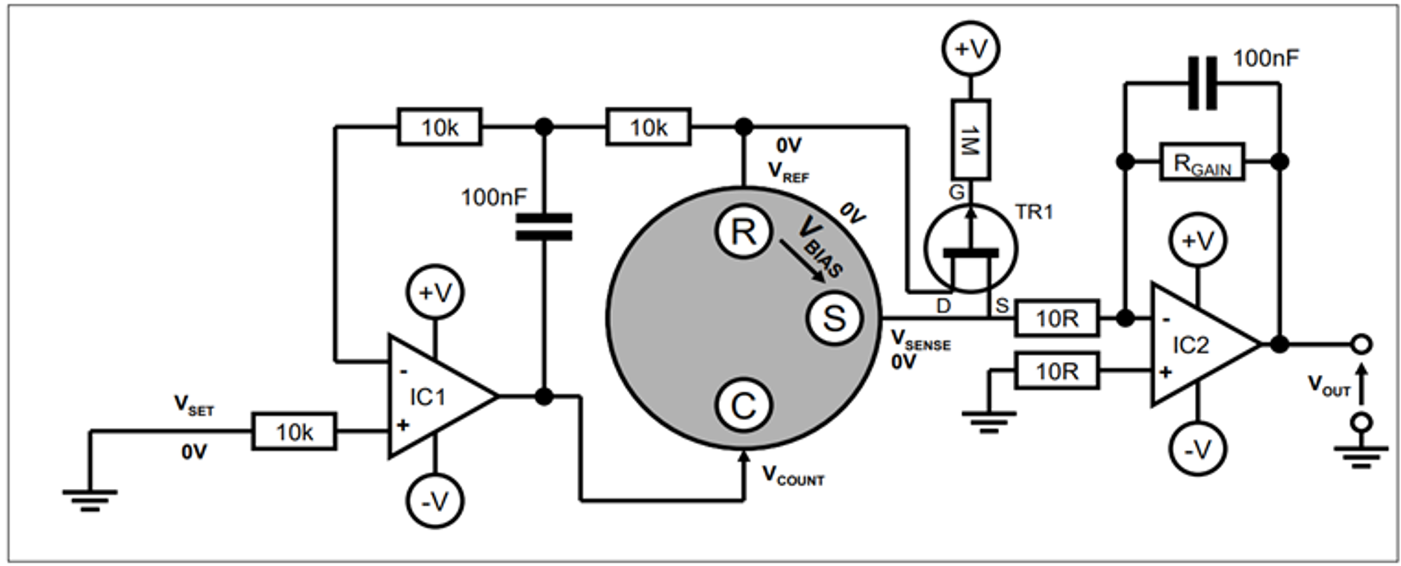 <전기화학식 3전극 가스 센서 0mV 바이어스 회로> 출처 - SGX sensor