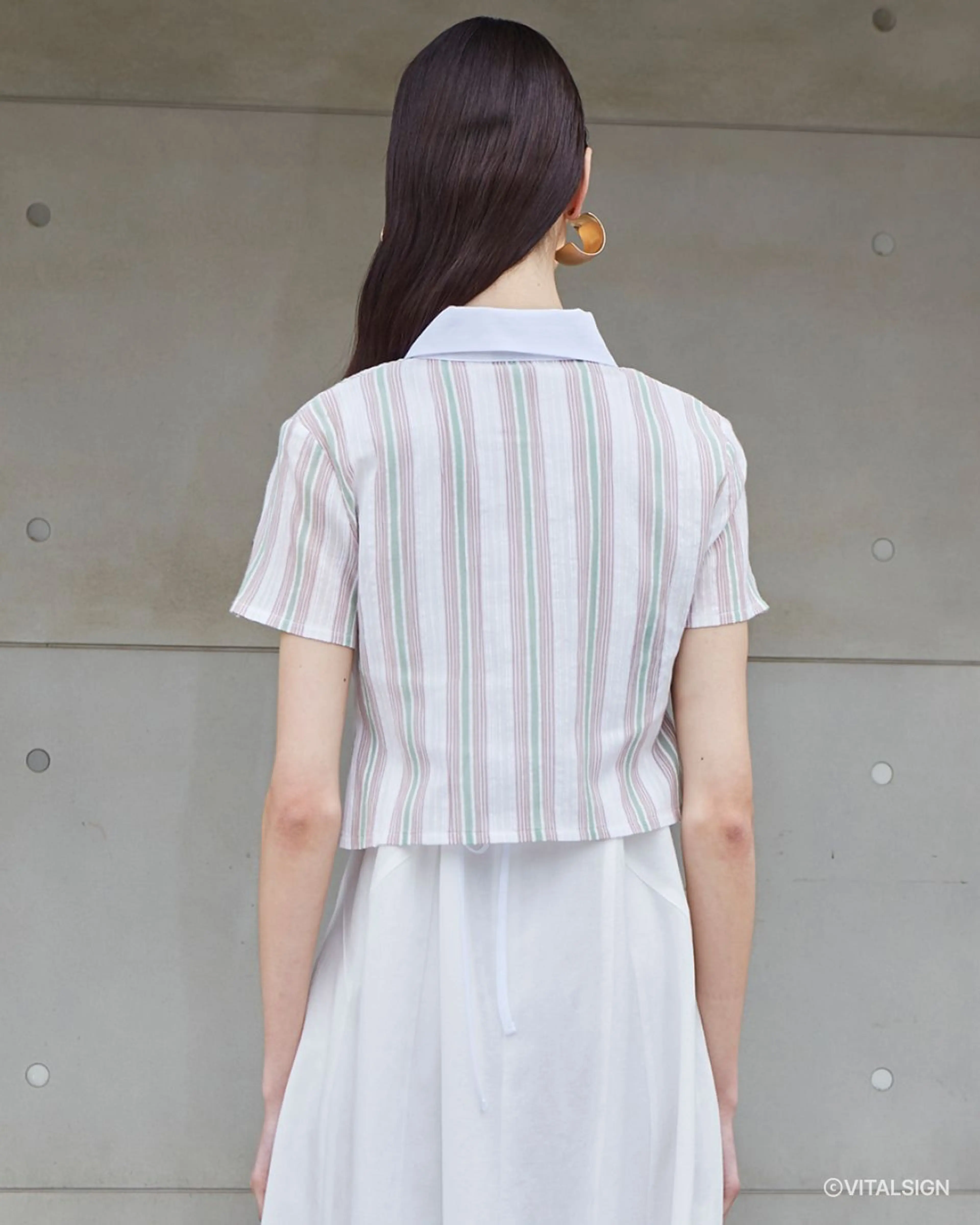 바이탈싸인 [LINE] Two Button Stripe Blouse (Stripe)