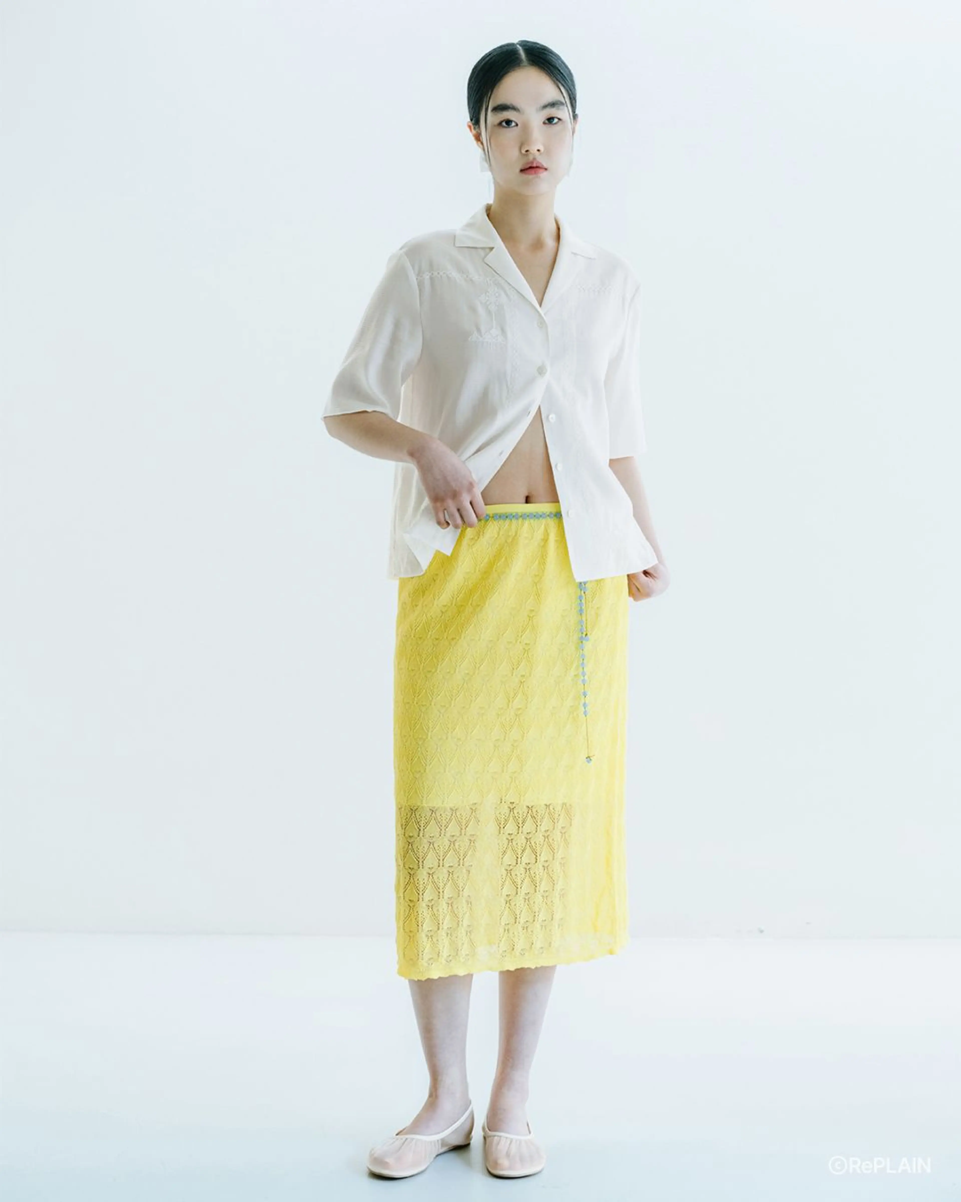 리플레인 VISCOSE BLENDED LACE LAYERED SKIRT_YELLOW