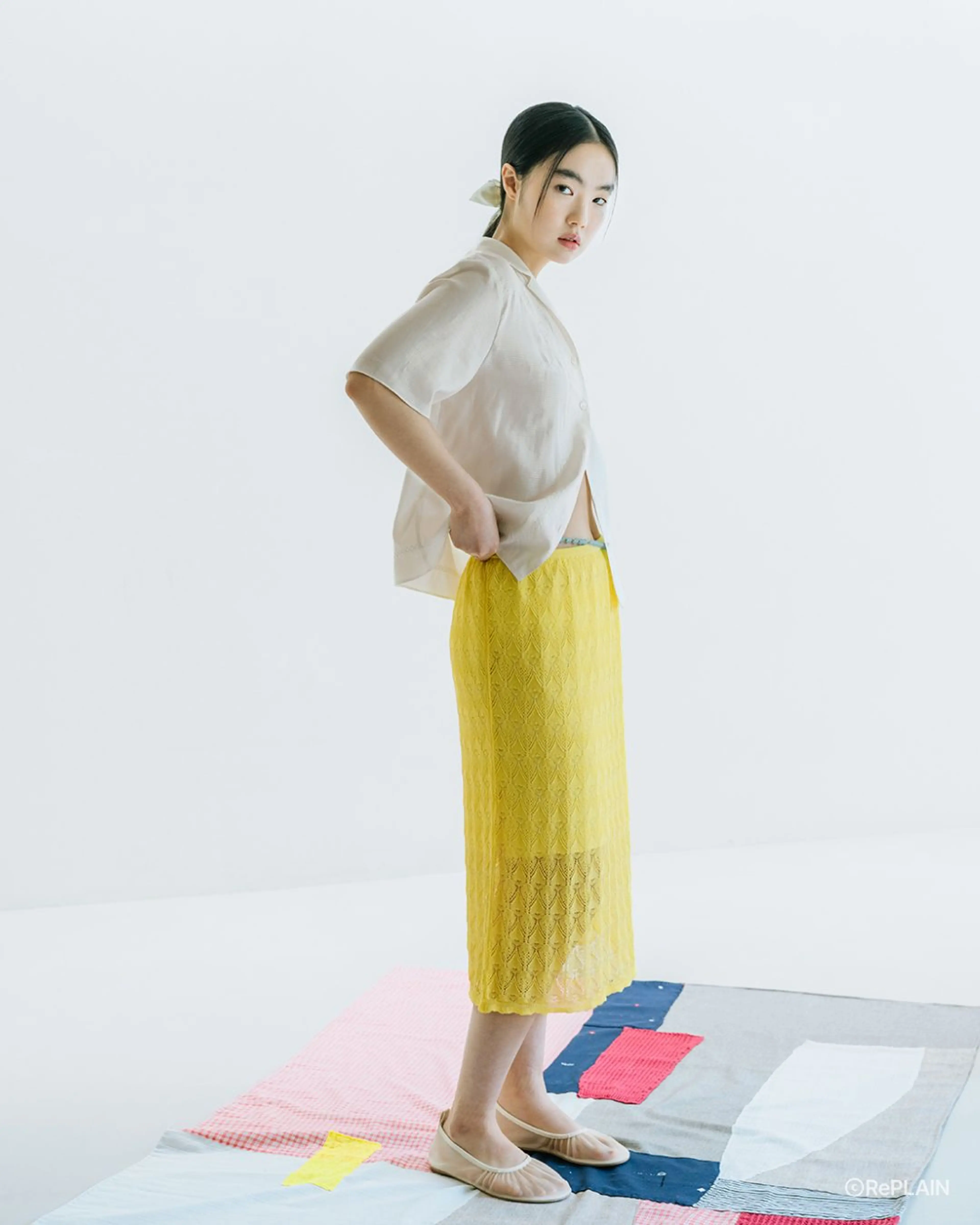 리플레인 VISCOSE BLENDED LACE LAYERED SKIRT_YELLOW