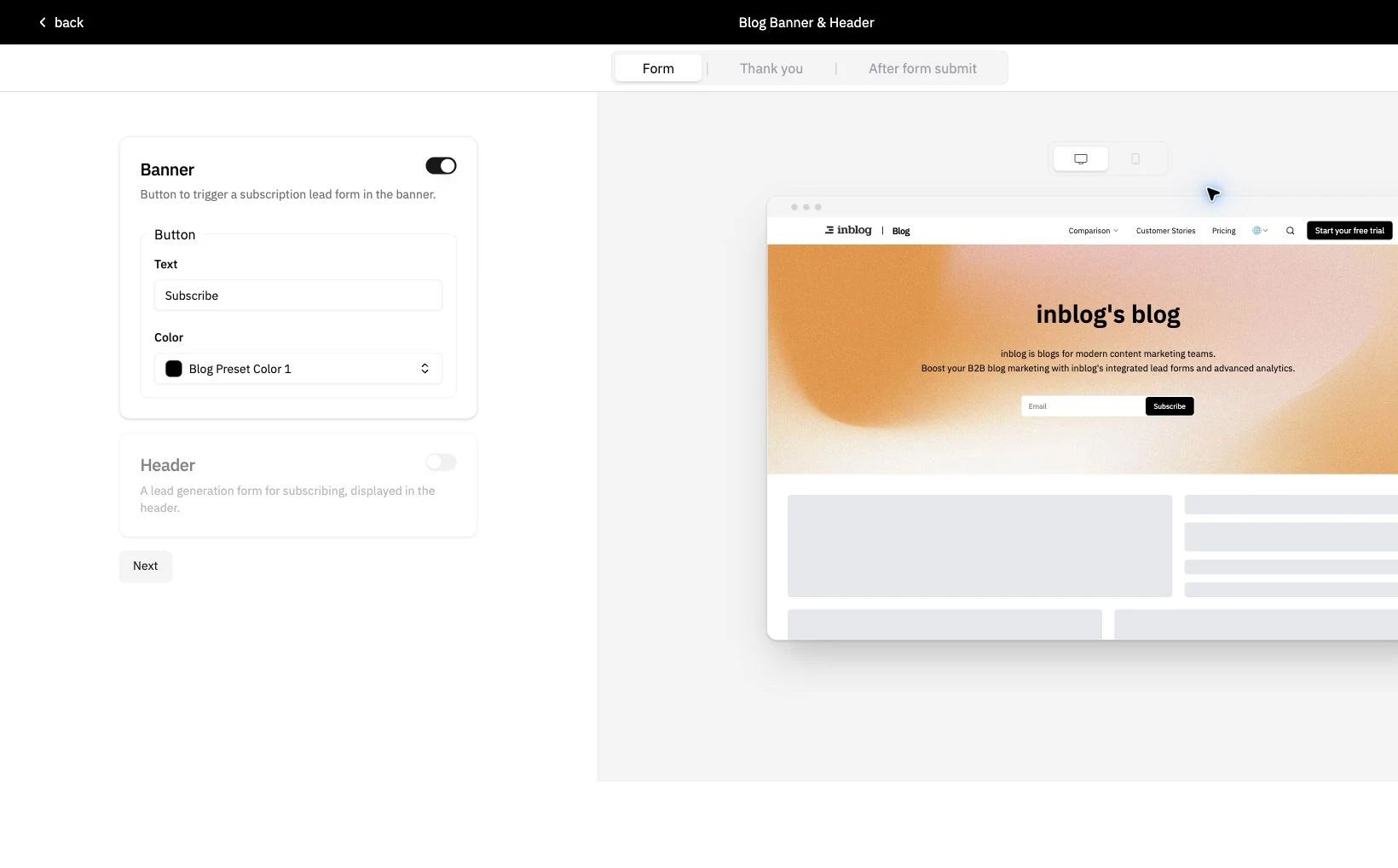 Interface du formulaire de génération de leads