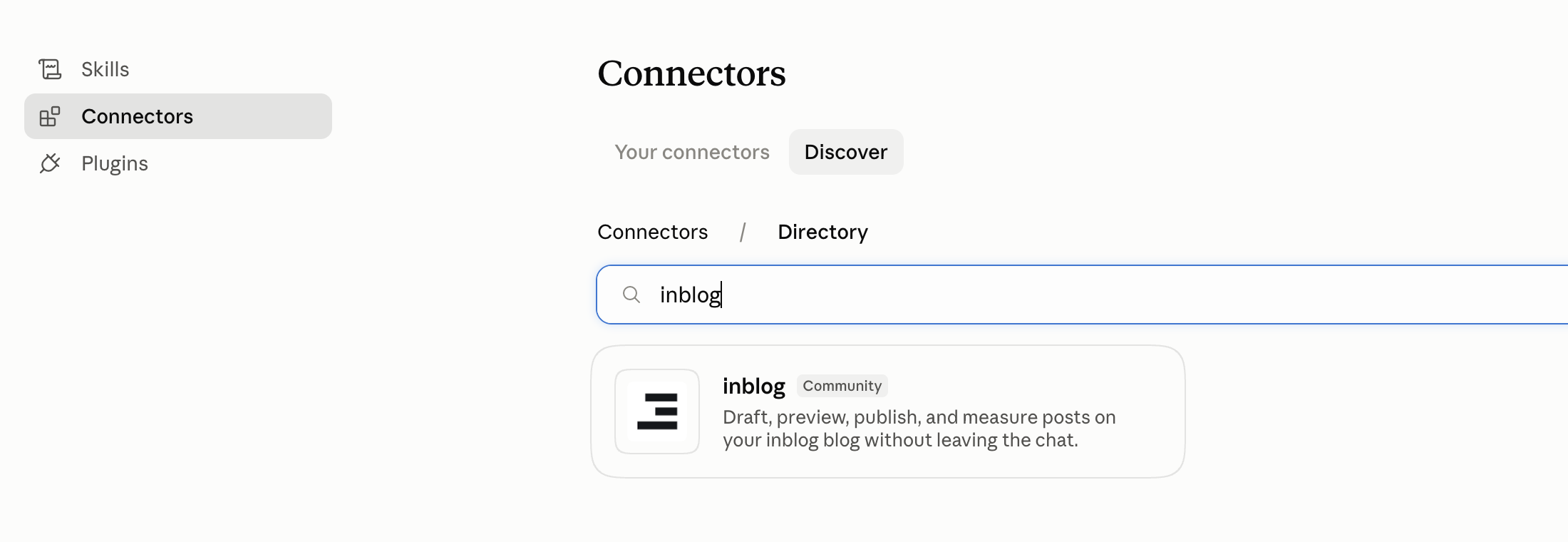 Поиск Inblog в Connectors Claude