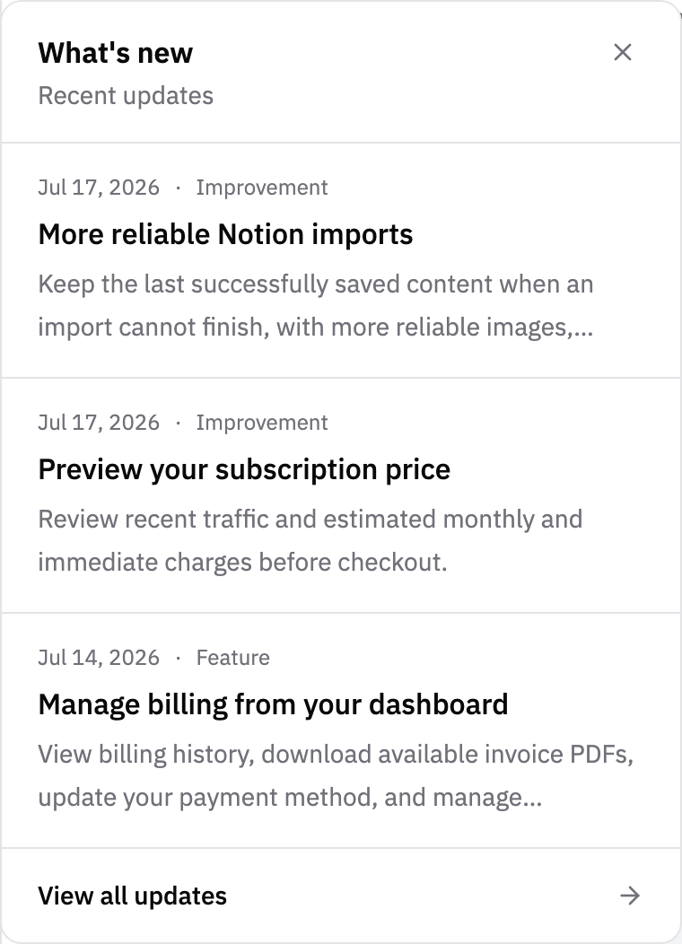 The What's new panel showing recent product updates in the dashboard